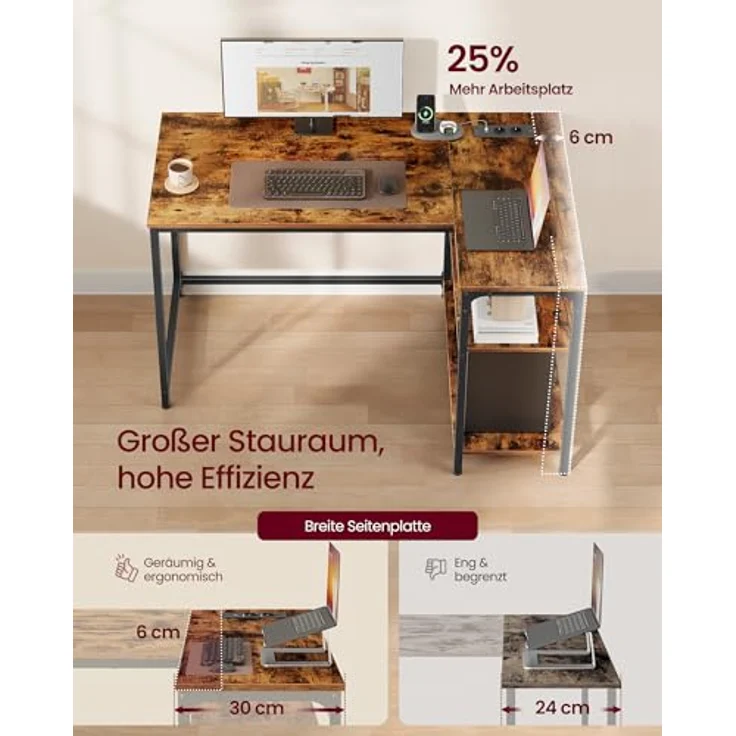 VASAGLE Gaming Schreibtisch in L-Form, Schreibtisch mit Stauraum, höhenverstellbare Regale, für Zuhause, mit Steckdosen und 2 USB-Anschlüssen, 110 x 80 cm, rustikales Braun LWD131KD01 – Bild 4