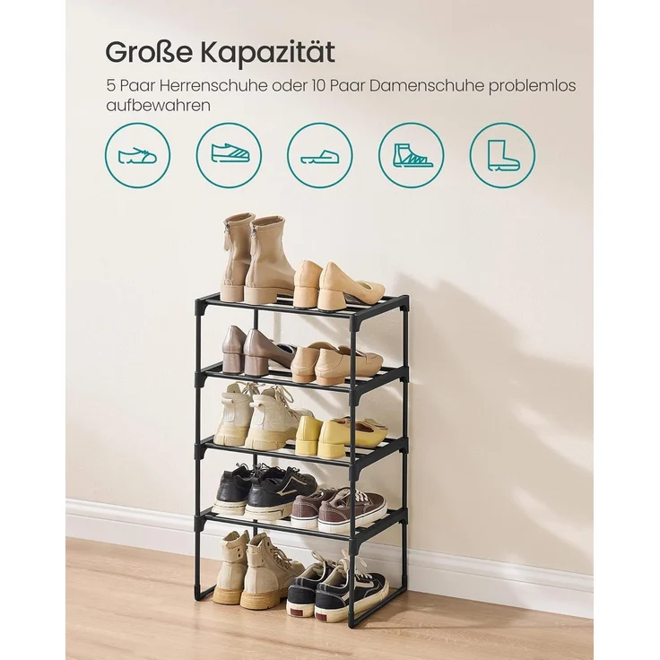 SONGMICS Schuhregal 4 Ebenen, Schuhständer Metall, Schuhaufbewahrung, Schuh-Organizer, aufrecht oder umgedreht, für 5-10 Paar Schuhe, stapelbar, Flur, 30 x 42,5 x 71,5 cm, schwarz LSA004B01 – Bild 5