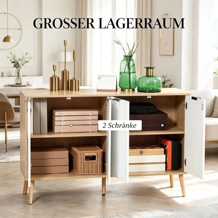 DESVIAE Sideboard Weiß aus Spanplatte – 120x77,4x35 cm – Schublade, verstellbare Einlegeböden – Bild 5