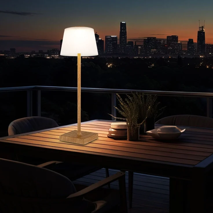 LED Tischleuchte, Touchdimmer, USB Akku, Holzoptik, H 38 cm – Bild 3