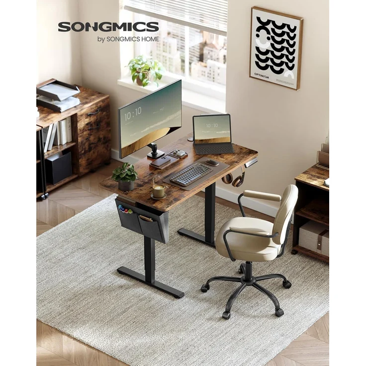 Songmics Schreibtisch mit Stoff-Organizer, elektrisch höhenverstellbar, Memory-Funktion für 4 Höhen, Holz vintagebraun, 60x110 x (72-120) cm – Bild 4