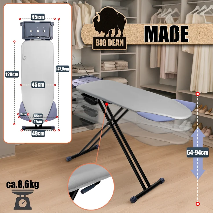 BigDean Bügelbrett XXL (120x45 cm Bügelfläche) inkl. ausklappbarer Schulterpassform - Stabiler Bügeltisch für Dampfbügelstationen und Bügeleisen - Ironing Board - höhenverstellbar – Bild 3