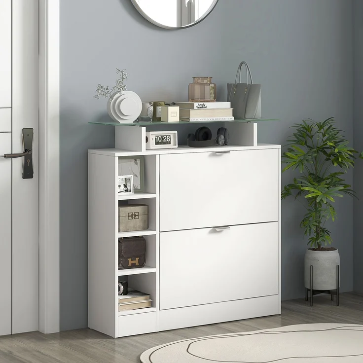 Schuhschrank mit 2 Klappschubladen für 12 Paar Schuhe, Glasablage und verstellbaren Einlegeböden, 89 x 25 x 92 cm, weiß – Bild 3