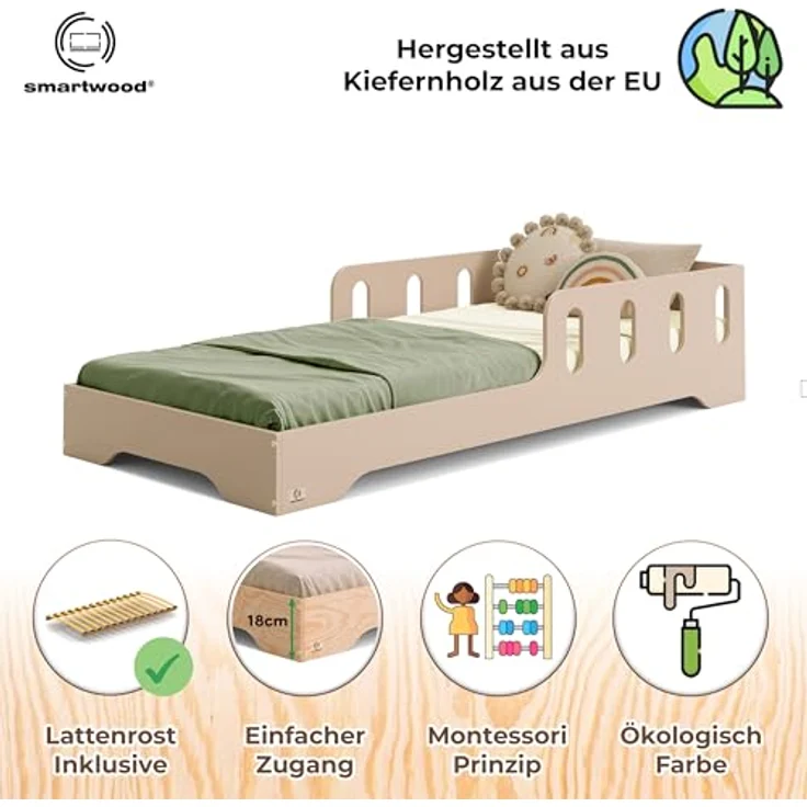 smartwood Kinderbett 140x200 cm in Kaschmir - Montessori Bodenbett mit Rausfallschutz & Lattenrost - Aus handbemaltem Sperrholz - Sicher für Jungen und Mädchen - Einfache Montage - TILA 6 – Bild 4