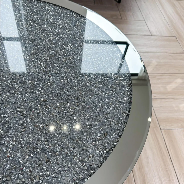 Runder Couchtisch Kristallglas Diamant Silber 80cm Sofatisch Verspiegelt – Bild 4