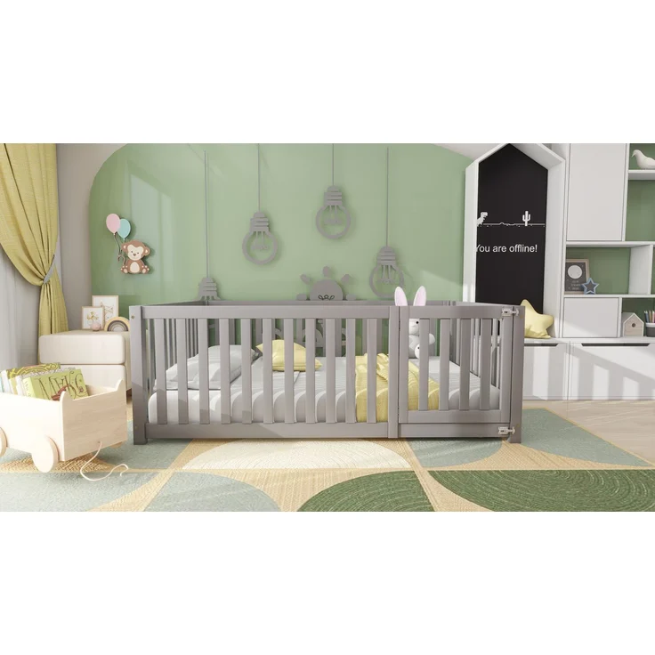 Kinderbett 140 x 200, Holzboden Bettrahmen mit Zaun und Tür, Grau (Alte SKUs:WF321564AAG) – Bild 5