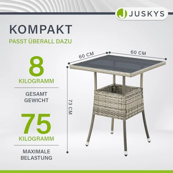 Juskys Polyrattan Gartentisch Yoro wetterfest - Balkontisch 60x60 cm eckig - Rattan Beistelltisch mit Glasplatte - kleiner Tisch für Balkon - Grau – Bild 3