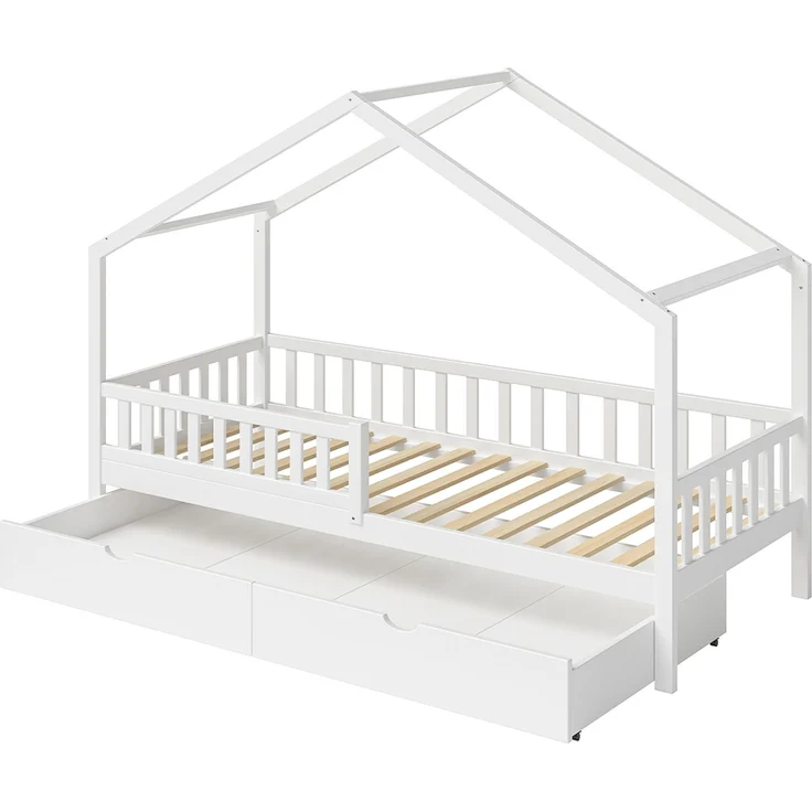 Bellabino 'Vils' Hausbett 90x200 cm mit Matratze und großer Schublade, weiß, Kiefer Massivholz, Montessori Kinderbett mit Stauraum, inkl. Rausfallschutz und Lattenrost – Bild 2