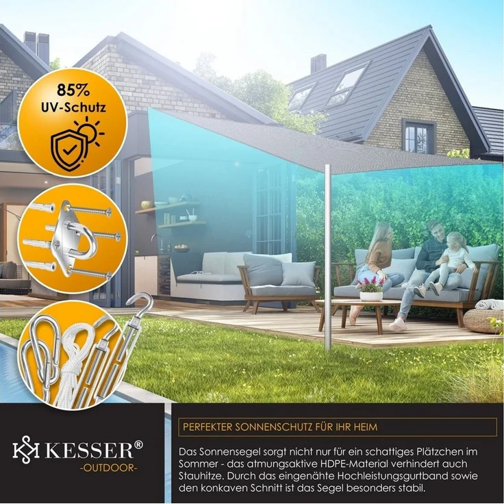 KESSER® Sonnensegel Sonnenschutz Windschutz | HDPE Gewebe | wasserabweisend & windabweisend | 5-Fach quer vernäht robust & stabil Schattenspender Garten Balkon Terrasse Quadrat, Grau, 2x2m – Bild 3