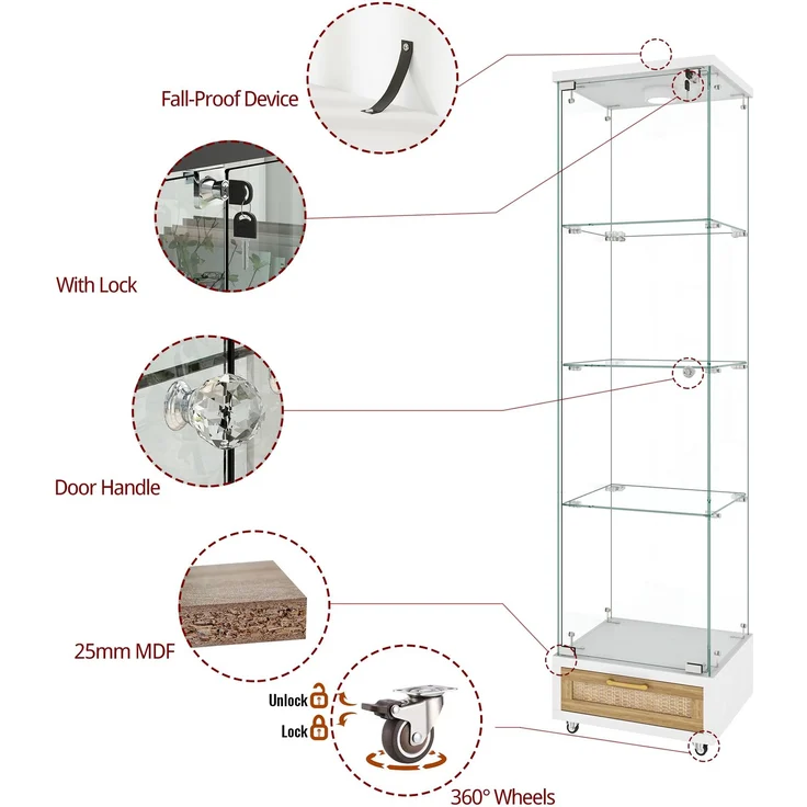 Moderne Glasvitrine mit Schubladen,Vitrine mit LED-Beleuchtung,Bücherregal aus gehärtetem Glas,Eintüriger Schrank mit vier EinlegebödenGeeignet für Wohn- und Schlafzimmer, weiß-H167/B42.5/T36.5 cm--Weiß--42.5x36.5x167cm--YOUDENOVA – Bild 6
