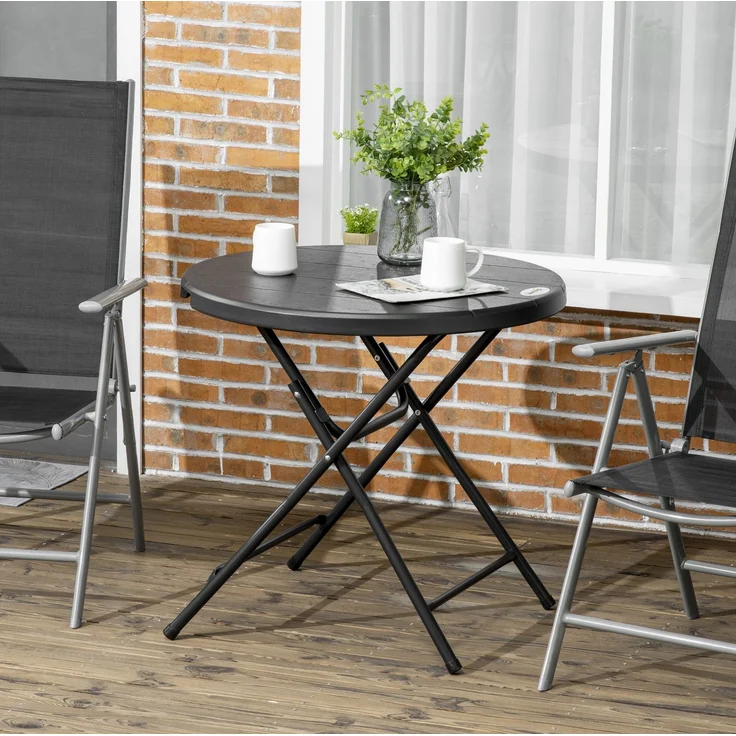 Gartentisch Ø80x73 cm klappbar für 4 Personen – Holzoptik, dunkelgrau, Stahlrahmen – Bild 2