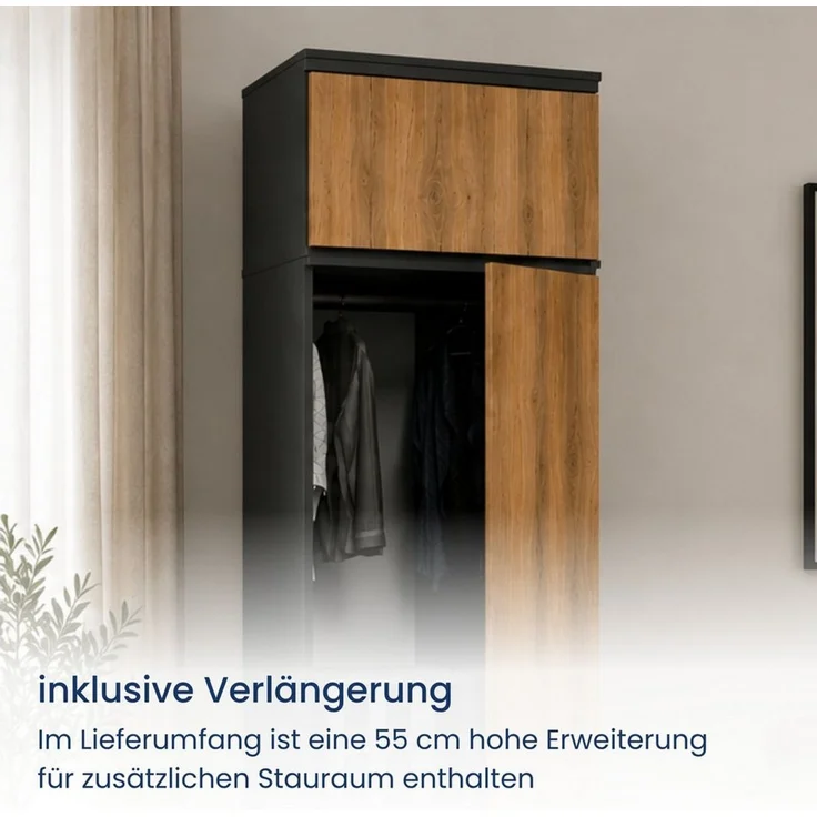 Home Collective Kleiderschrank Hochschrank Garderobenschrank Mehrzweckschrank Schrank schmal (50 cm breit, mit 1 Schubladen, Kleiderstange & Einlegeböden) Wäscheschrank, grifflose Front, mit Aufsatz Anthrazit-Eiche – Bild 3