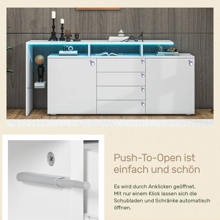Sideboard Kommode aus Spanplatte mit LED-Beleuchtung, 4 Schubladen & 2 Push-to-Open-Türen, 160x35x70 cm, Weiß – Bild 9