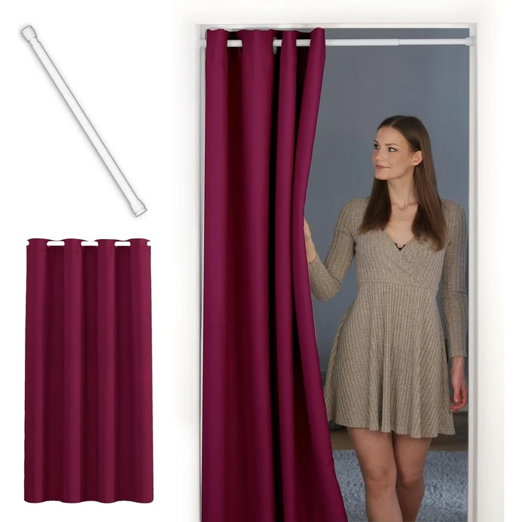 tinycurtains Türvorhang mit Stange weiß 55-90 cm ohne Bohren, Thermo Vorhang Tür, Ösen, abdunkelnd, Polyester, bordeaux rot Berry, Türgardine mit Klemmstange Raumtrenner verdunkelnd – Bild 1
