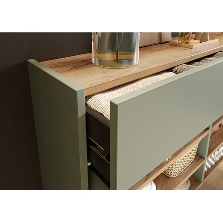 XXXL Garderobe GW-Ameca, 2-teilig in Taupegrün und Navarra-Eiche, Schuhschrank mit Mirror, 110x200x22 cm, verstellbare Böden, bis zu 12 Paar Schuhe. – Bild 6