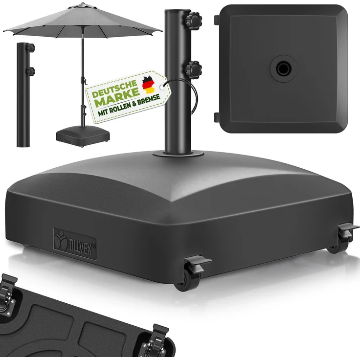 tillvex® Sonnenschirmständer PAVERA mit Rollen & Bremsen Schwarz | Schirmständer befüllbar 37 Liter / 56 kg | Schirmgewicht Sonnenschirm & Marktschirm Ø 1,8-3,7m | Ampelschirmständer wetterfest – Bild 2