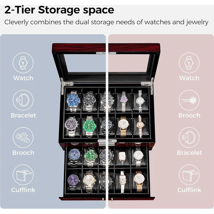 Uhrenbox für Männer 20 Slots mit Glasdeckel abschließbar luxuriös UJWB002Y – Bild 4