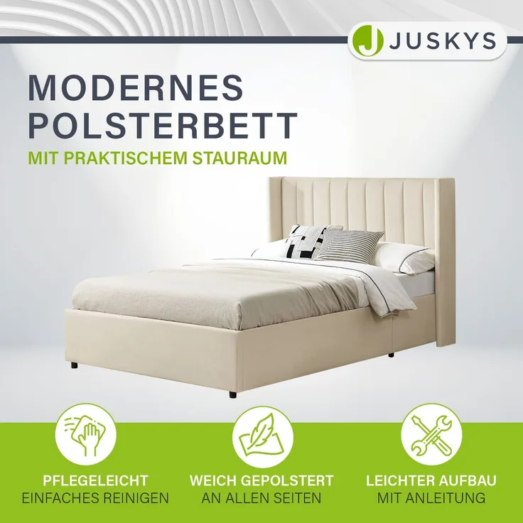 Juskys 'Savona' Polsterbett mit Matratze und Stauraum, Samt, Beige, 140x200 cm