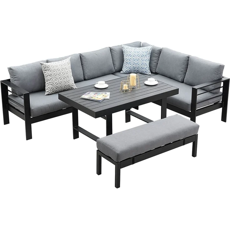 MeXo Gartenlounge-Set Aluminium Gartenmöbel Set, (Garten-Essgruppe, 5-tlg, 3 x Ecksofas, 1 x Gartenbank, 1 x Esstisch 130 x 80 x 67,5 cm), wetterfeste Ecklounge, Terrassenmöbel Set für 8 Personen – Bild 5