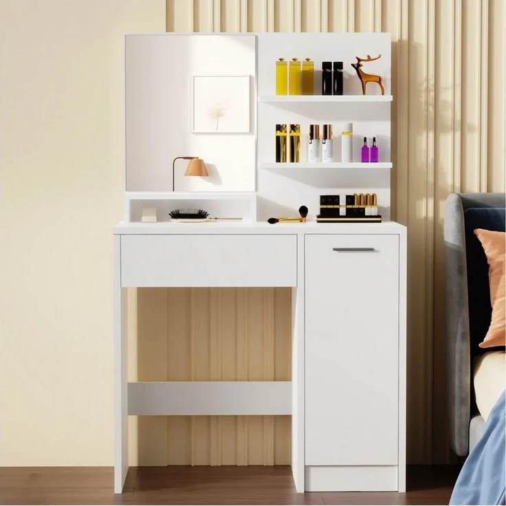 oyajia Schminktisch Frisierkommode mit Spiegel,1 Schubladen,3 offene Fächer, Modern (80 x 40 x 132 cm,Weißer, Frisiertisch mit Spiegel), modern, 1 Schubladen, Stauraum – Bild 5