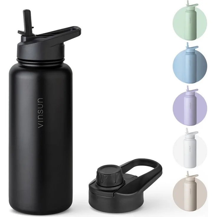 Vinsun Isolierflasche Edelstahl Trinkflasche 750ml Strohhalm - 2 Deckel Thermoflasche, BPA frei, doppelwandig, auslaufsicher, bruchsicher, geruchsneutral
