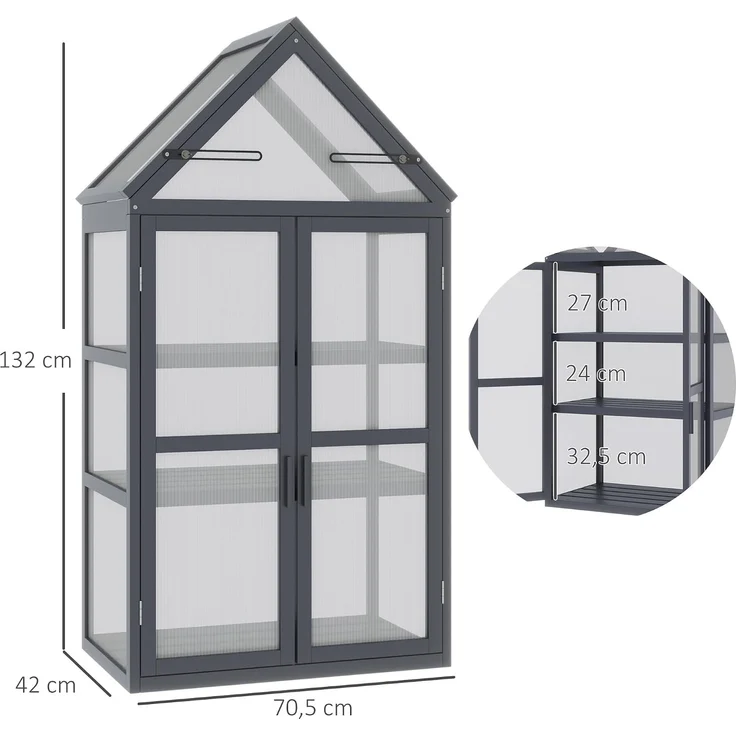 Outsunny Gewächshaus, Tannenholz, Polycarbonat, Grau, 70,5L x 42B x 132H cm – Bild 7