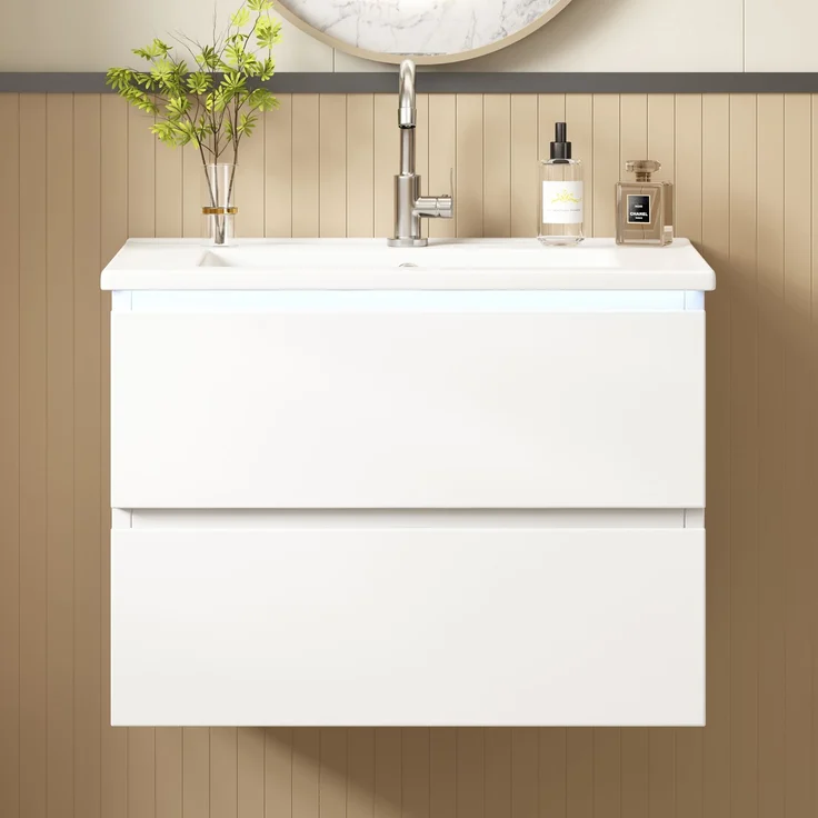 Wandhängender Waschtisch 61 x 46 x 45 cm aus lackiertem MDF mit Keramikbecken und LED-Sensorlicht – Bild 1
