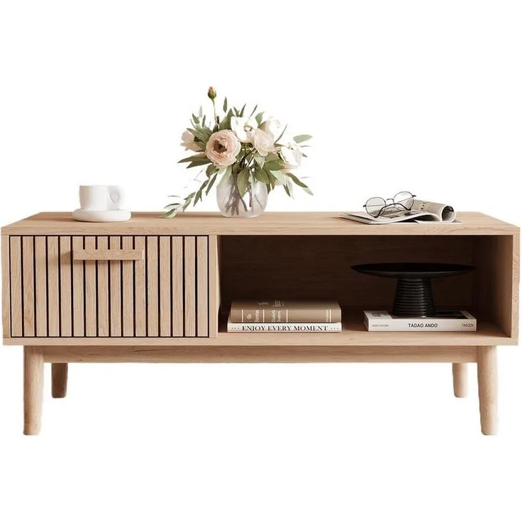 FUROKOY TV-Schrank (100cm Holzfarbenes Rattan-Couchtisch, mit 1 Schubladen und 1 Offenen Fächern) Beistelltisch für Wohnzimmer, 100 x 50 x 43 cm