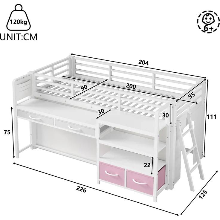 EINHOM Hochbett 90 x 200 cm mit Schreibtisch, Stauraum und Stoffschubladen, Kinderbett aus Metall mit Vorhang, mehrschichtigem Regal und LED-Licht, Weiß (Ohne Matratze) – Bild 2