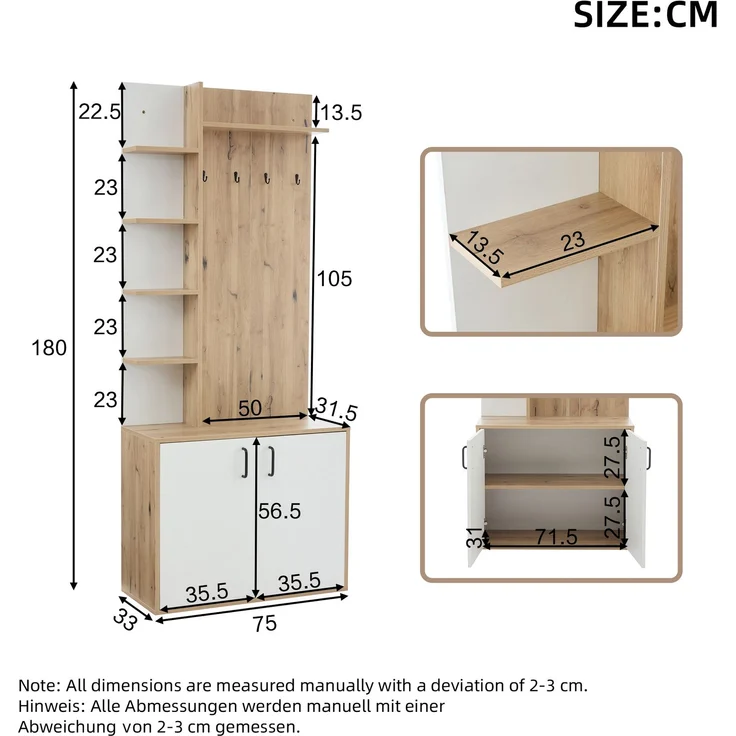 75*33*180cm Garderobenständer mit Garderobe, Schuhaufbewahrung, Flurausstattung mit Kleiderhaken, Flurschrank mit 5-lagiger Stauraumeinteilung und Stauraumschränken, Original Holzfarbe + weißes – Bild 9