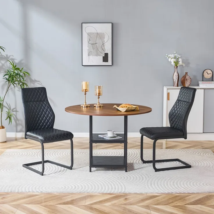 Esstischgruppe 107 x 107 x H 75 cm mit 2 Stühlen, MDF in Nussbaum-Optik und Metall, industrieller Stil