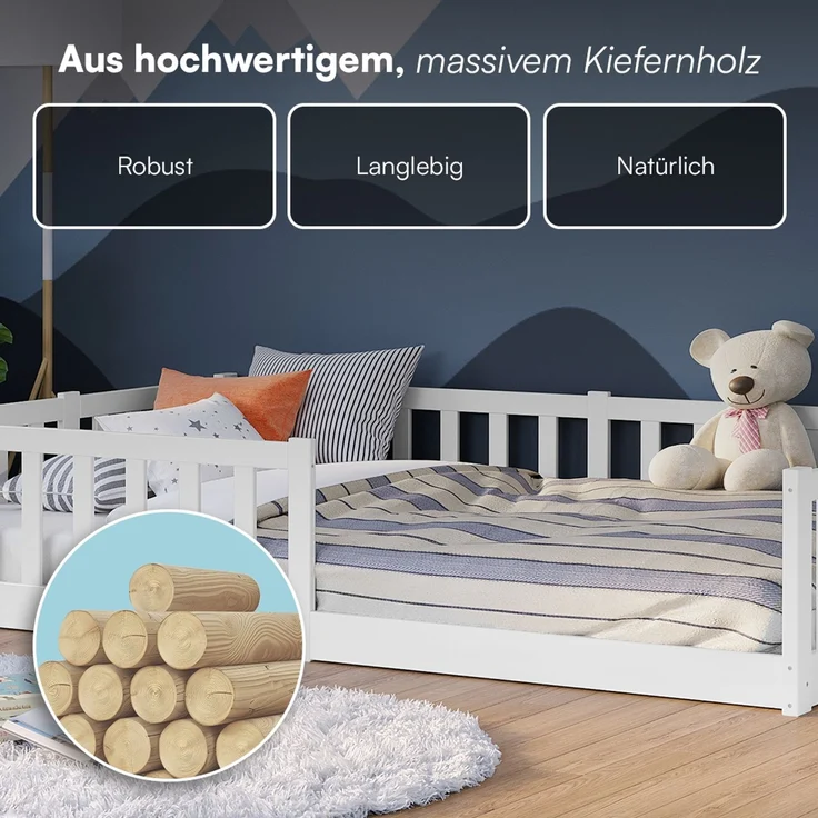 Bellabino 'Vere' Bodenbett 120x200 cm mit Matratze, weiß, Massivholz Kiefer, Montessori Kinderbett mit Rausfallschutz und Lattenrost – Bild 7