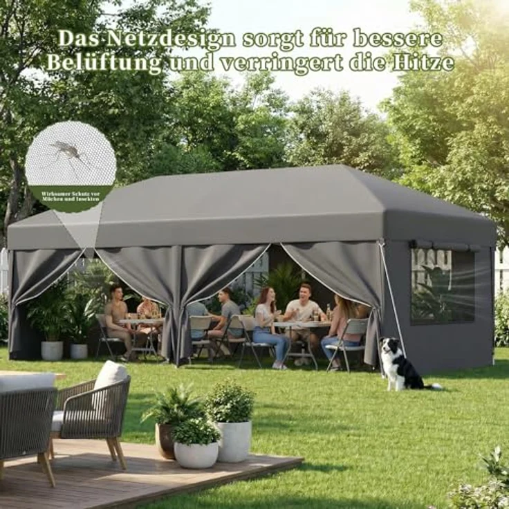 JUMMICO Pop Up Faltpavillon 3x6 Pavillon mit Netzfenstern zur Belüftung, UV-Schutz 50+, mit 4 Seitenwänden, wasserdicht stabil Winterfest，Faltbar Partyzelt Gartenzelt Gartenpavillon, Grau – Bild 2