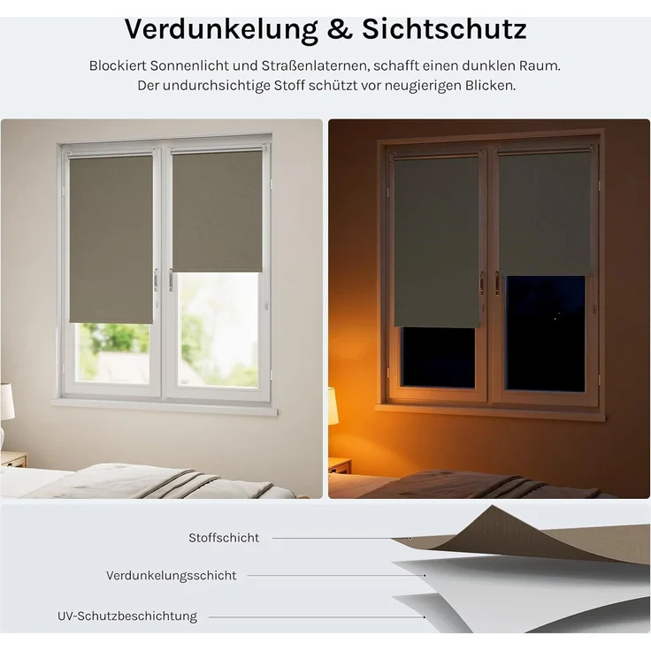 WOLTU Verdunkelungsrollo ohne Bohren, Thermo Verdunkelungsrollo mit Kette, Sichtschutz, für Türen und Fenster, 120 x 160 cm, Taupe – Bild 2