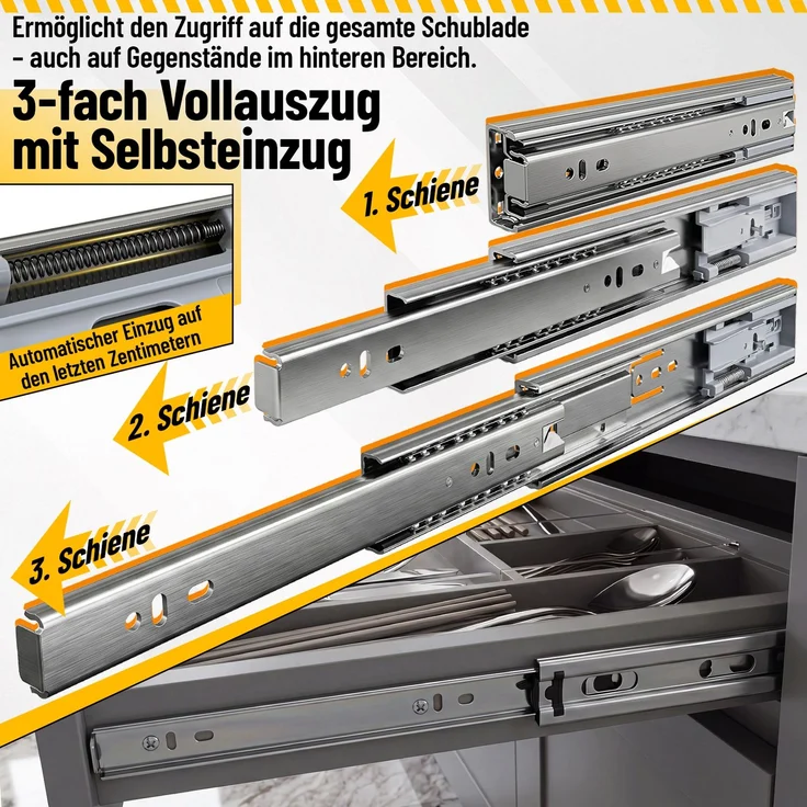 Eikuavons 5 Paar Schubladenschienen 400 mm Vollauszug, 3-teilig, Softclose mit Selbsteinzug, 45 kg Tragkraft, Schubladenauszug aus Stahl, kaltgewalzter Stahl, Silber – Bild 4