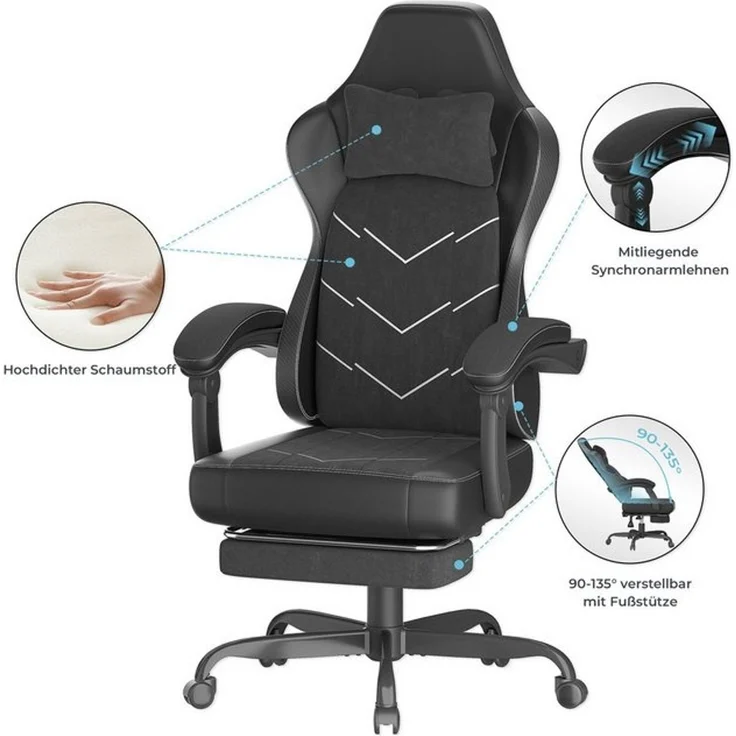 HOMALL Gaming-Stuhl mit Federkern,Atmungsaktiver Stoff, Komfort für Büro & Gaming, gaming stuhl mit Fußstütze,breites & dickes Sitzpolster – Bild 4