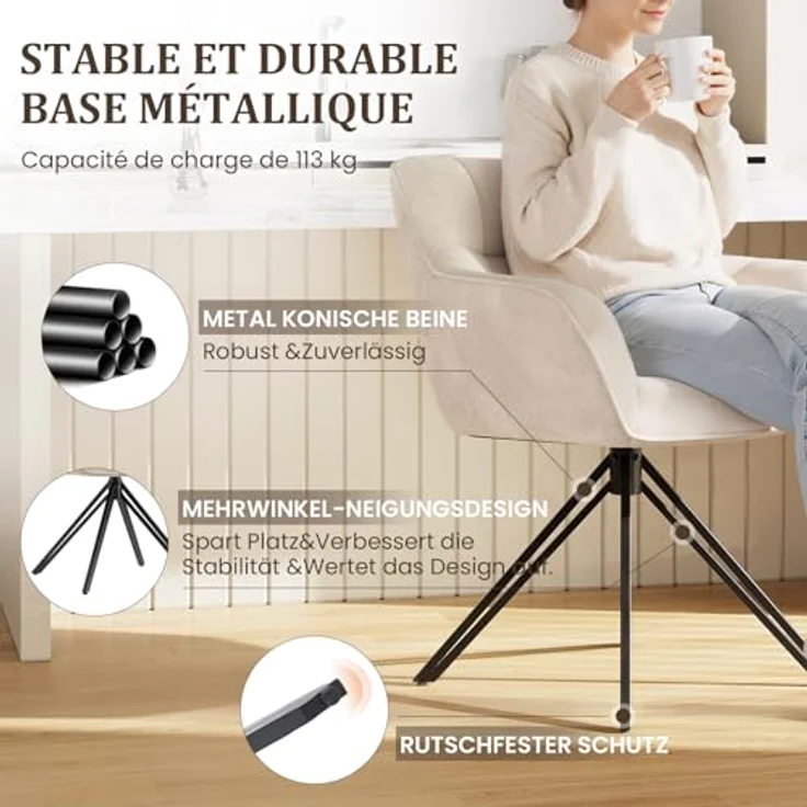 COLAMY Drehstühle für Esszimmer, 6er Set, Drehbare Polsterstühle mit Armlehnen und Rückenlehne, Bequeme Küchenstühle für Wohnzimmer & Essbereich, Beige – Bild 7