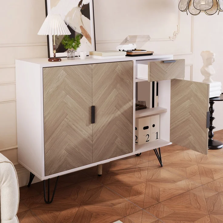 Merax Moderner Aufbewahrungsschrank, Sideboard in Weiß und Holzoptik mit Schublade und höhenverstellbaren Einlegeböden (90 x 30 x 71,5 cm) – Bild 2