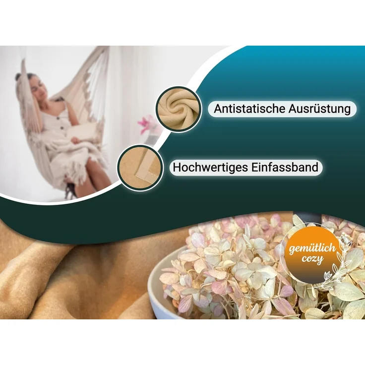 ZOLLNER Kuscheldecke mit Einfassband, 220x240 cm, hellbraun (sand) – Bild 4