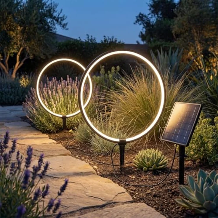 Arnusa Solar Gartenleuchten, LED Gartenstecker mit warmweißen Leuchtringen, Aluminium, 2er Set, flexibles Solarpanel mit 4 Lichtmodi – Bild 4