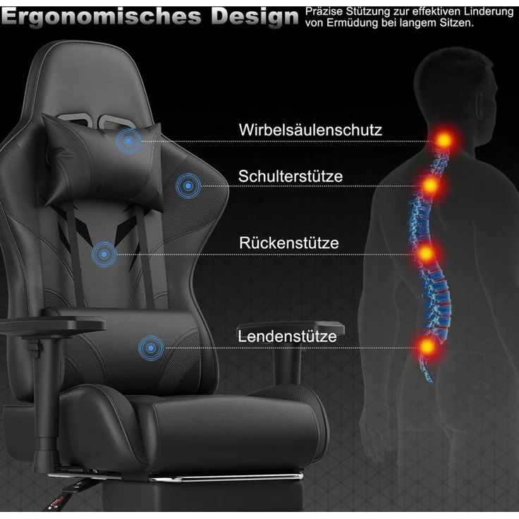 HOMALL Gaming-Stuhl Massage Gaming Stuhl mit Fußstütze 90-135° Rückenlehne einstellbar (Bürostuhl Ergonomisch,Verstellbarem Lenden- & Kopfkissen,mit Fußstütze), Ergonomischer Bürostuhl,Kopfstütze und Lendenstütze – Bild 4