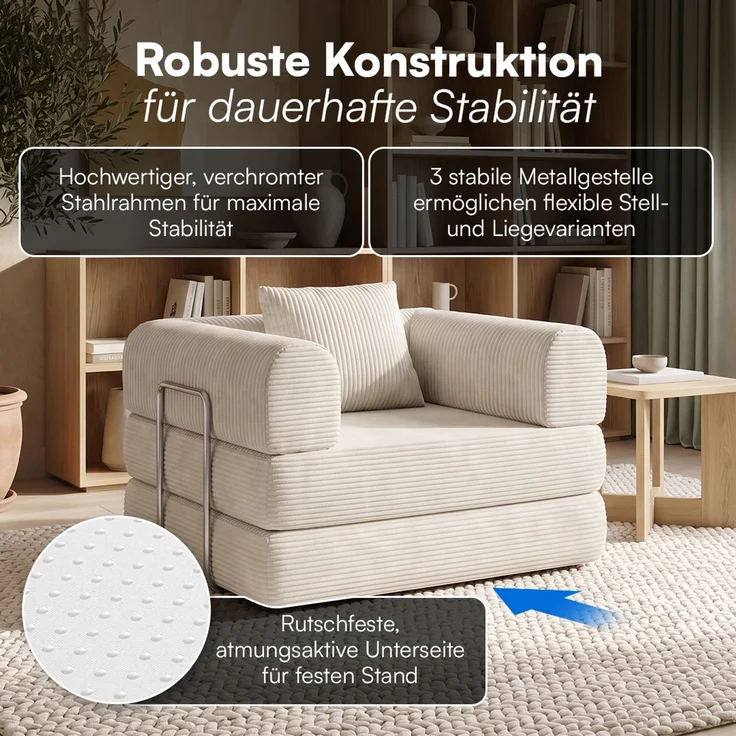 skølm 'Lofn' Modularer Sessel 1 Sitzer, 115x100 cm, Vollschaumcouch mit Metallgestell, Cord beige, Schlafsessel vakuumverpackt, kein Aufbau erforderlich – Bild 5