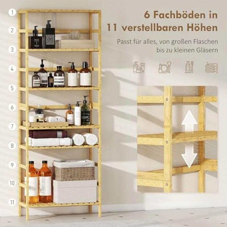 HOMCOM Standregal 6-Etagen-Design, 6-stöckiges Bücherregal 1-tlg, höhenverstellbare Regalböden, Naturholz – Bild 4