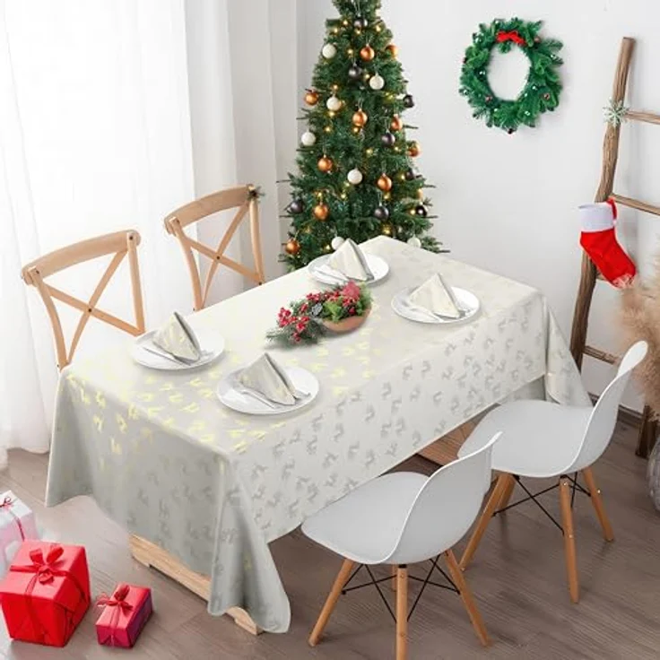 Emma Barclay Weihnachtstischdecke, rechteckig, maschinenwaschbar, Weihnachts-Tischdecke, cremefarben mit goldenem Rentier-Design, 178x274 cm – Bild 3