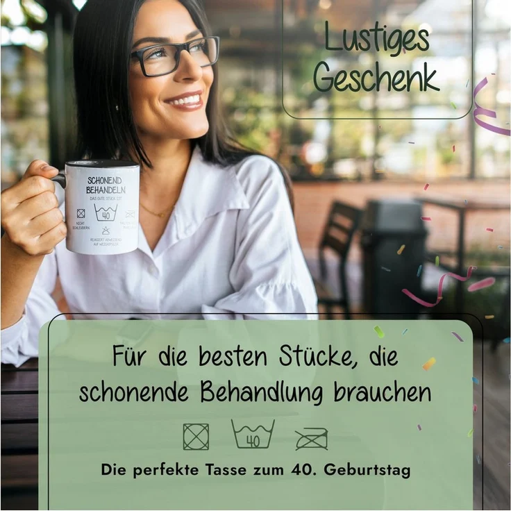 Amari Tasse Schonend behandeln Tasse 40. 50. 60. Geburtstag, Spruch Geschenkbox, Keramik, Spruch, Rundumdruck, mit Geschenkbox – Bild 2