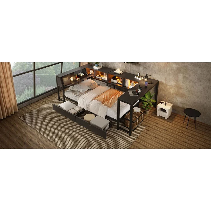 U-life Metallbett 90x200 cm, für Jugendliche, LED-Beleuchtung, Schreibtisch & Schubladen, Multifunktionales bett, MDF, Schwarz – Bild 10