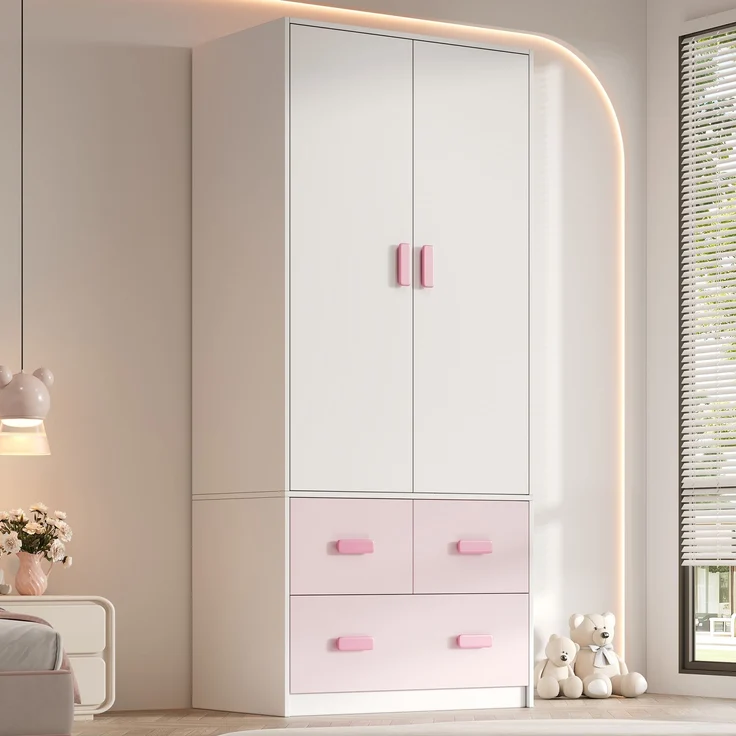 MODFU Kleiderschrank Rosafarbener Kinderschrank 80x48x180 cm mit weißen Akzenten (Packung, 1-St, Inkl. Kleiderstange & 3 Schubladen, pflegeleicht) Ideal als Schlafzimmerschrank für Mädchen & Jugendliche – Bild 4
