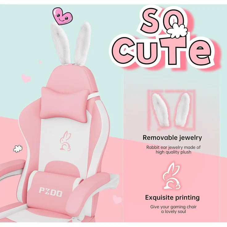 Gaming Stuhl Rosa Mädchen Teenager Bürostuhl PC Stuhl Fußstütze Pink – Bild 5