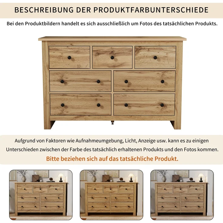 Sideboard Landhausstil Holzfarbe mit 7 geräuschlosen Schubladen, verstellbarer Mittelfuß, Kippsicherung, Stauraum – Bild 7