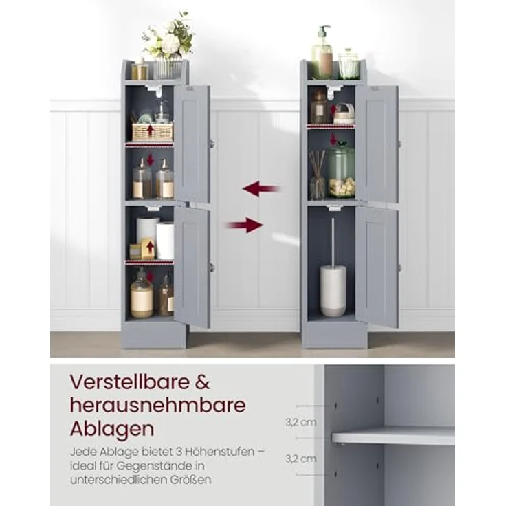 VASAGLE Siren Kollektion - Badezimmerschrank schmal, Badschrank, Eckschrank, verstellbare Ablagen, Hochschrank Bad, Türen nach Links oder rechts öffnend, Landhausstil, Taubengrau BBK312GD02 – Bild 5